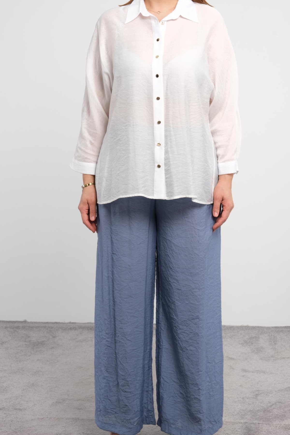 Plus Size Blouse and Pants Set-Blue