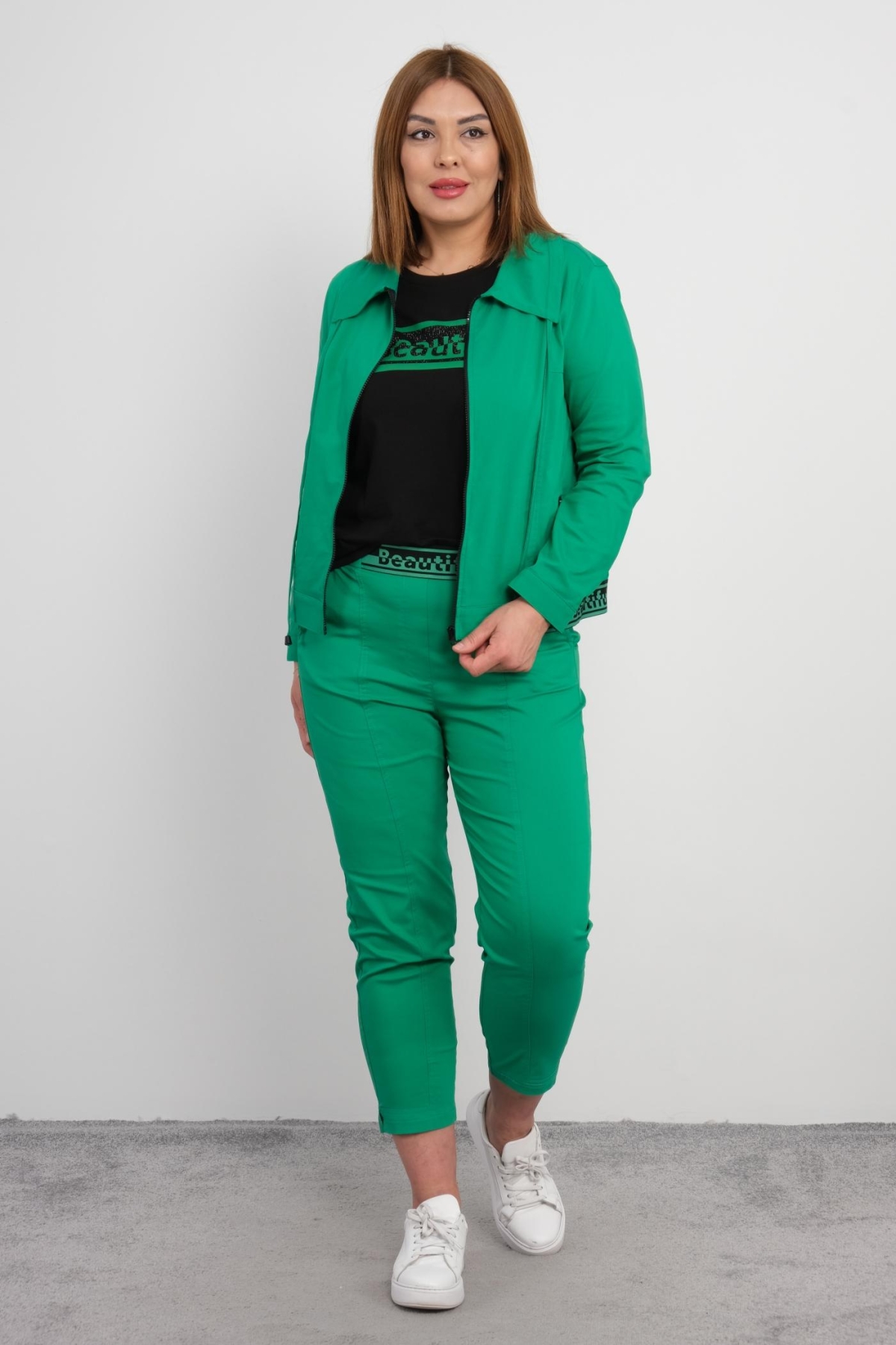 Plus Size Womens Three-Piece Sports Set-Green