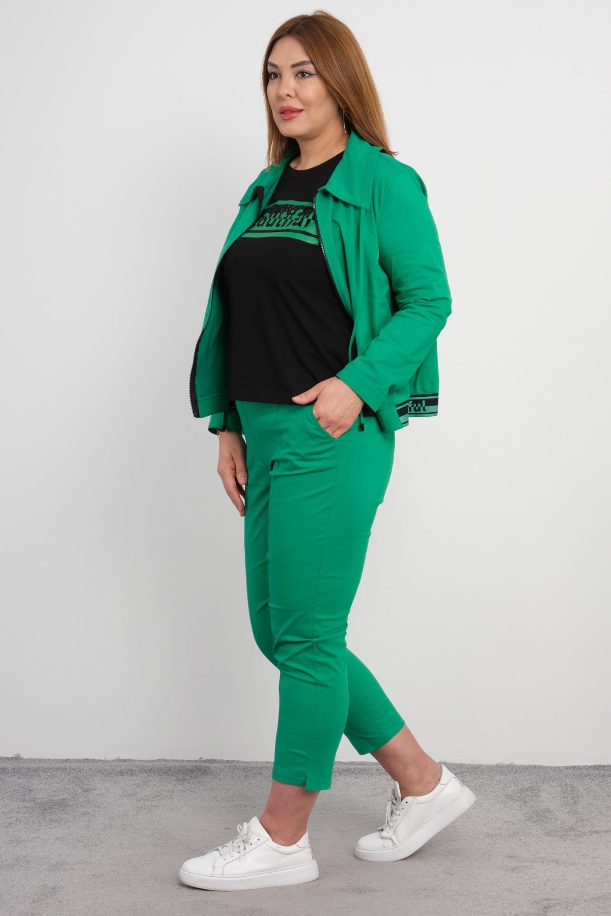 Plus Size Womens Three-Piece Sports Set-Green