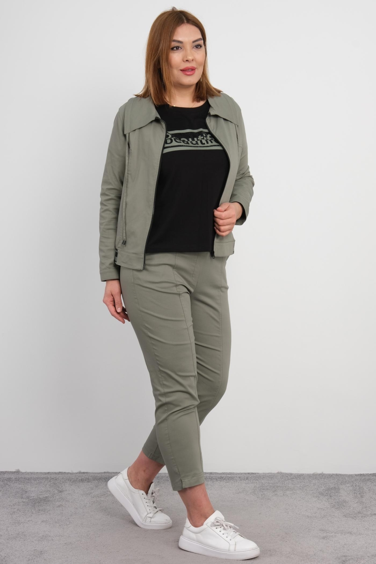 Plus Size Womens Three-Piece Sports Set-Khaki