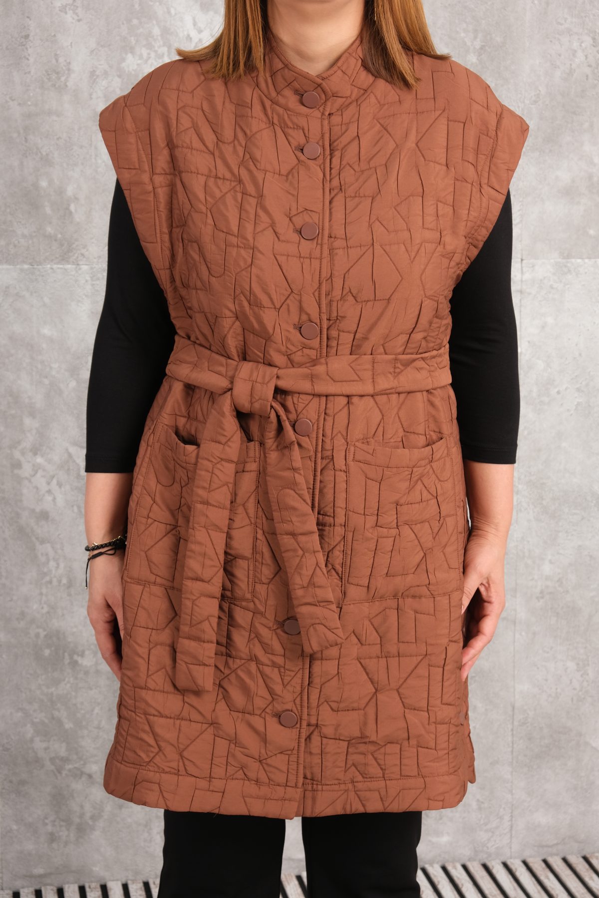 Plus Size Quilted Vest-Brown